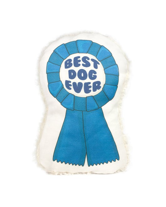 Eco-friendly dog toy with blue ribbon award design to gift the best dog you know. Made with durable canvas and plush cotton sherpa. Sustainably made, non-toxic, and vegan friendly. 