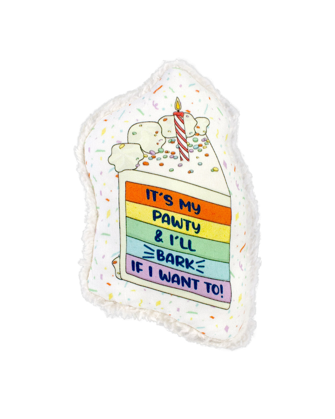 Eco-friendly dog toy shaped like a slice of layered rainbow cake with colorful confetti sprinkles. Toy is sustainably made with durable canvas and plush cotton sherpa. All materials are non-toxic and vegan friendly. 