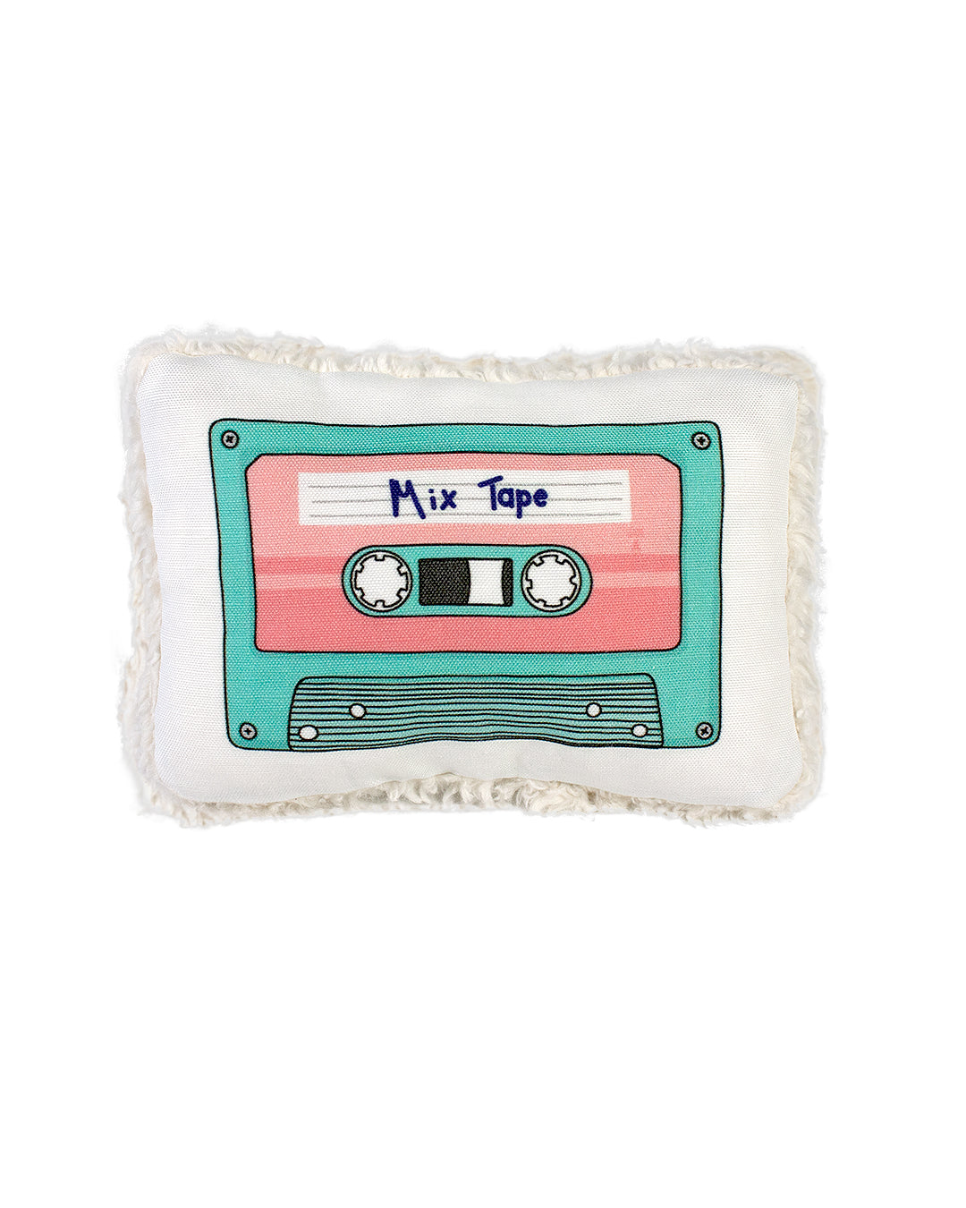 Eco-friendly dog toy shaped like a retro and brightly colored Mix Tape Cassette. Made with durable canvas and plush cotton sherpa. All materials are non-toxic and vegan-friendly