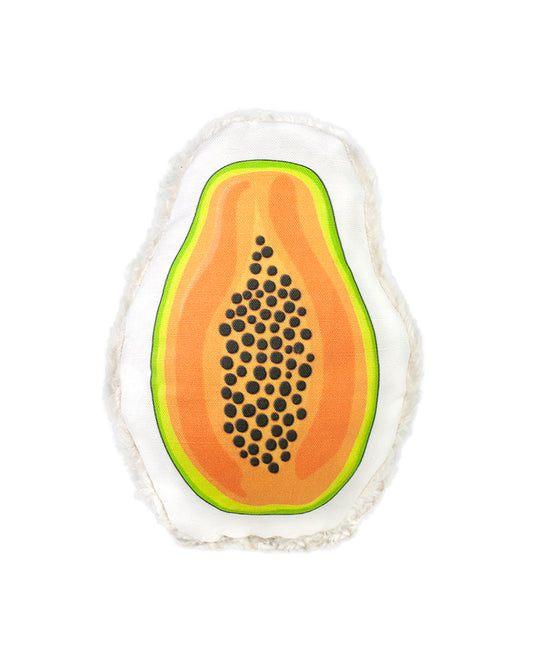 Bright and fruity eco-friendly dog toy shaped like a sliced papaya half. Made with durable canvas and plush cotton sherpa. All materials are non-toxic and vegan-friendly. 