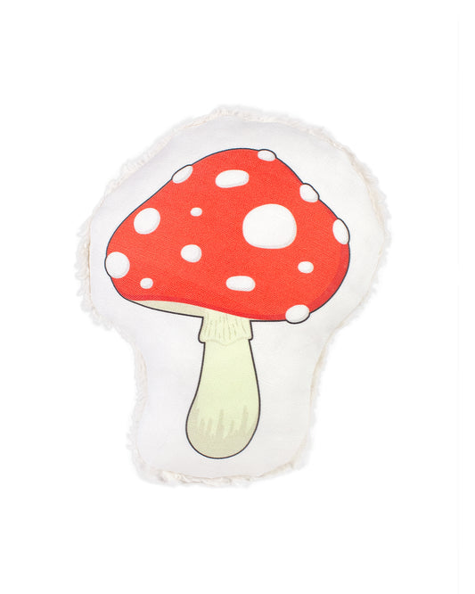 Cute eco-friendly dog toy shaped like a giant red mushroom with white spots. Made with durable canvas and plush cotton sherpa. All materials are non-toxic and vegan-friendly.